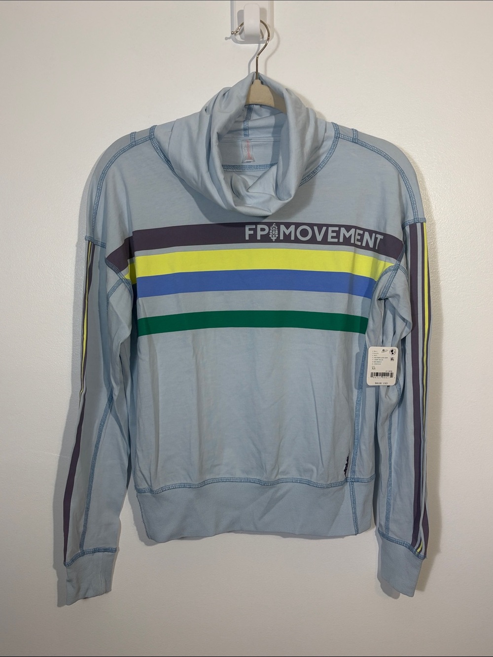 Free People Movement Logo Stripes Cowl Neck Pullover Sweatshirt Arctic Snow XS